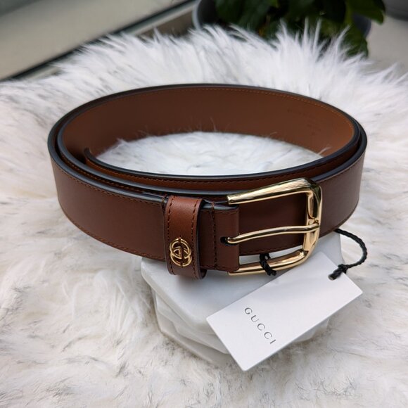Brown Leather Gucci Belt with Gold Interlocking G detail - Picture 5 of 7